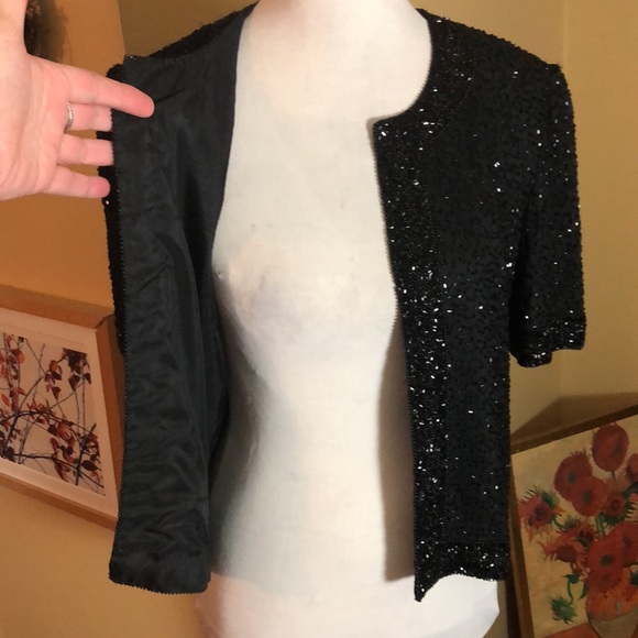 Vintage Y2K STENAY Size Small Beaded Silk Evening Top Blazer Ink Black Elegant - Picture 8 of 16